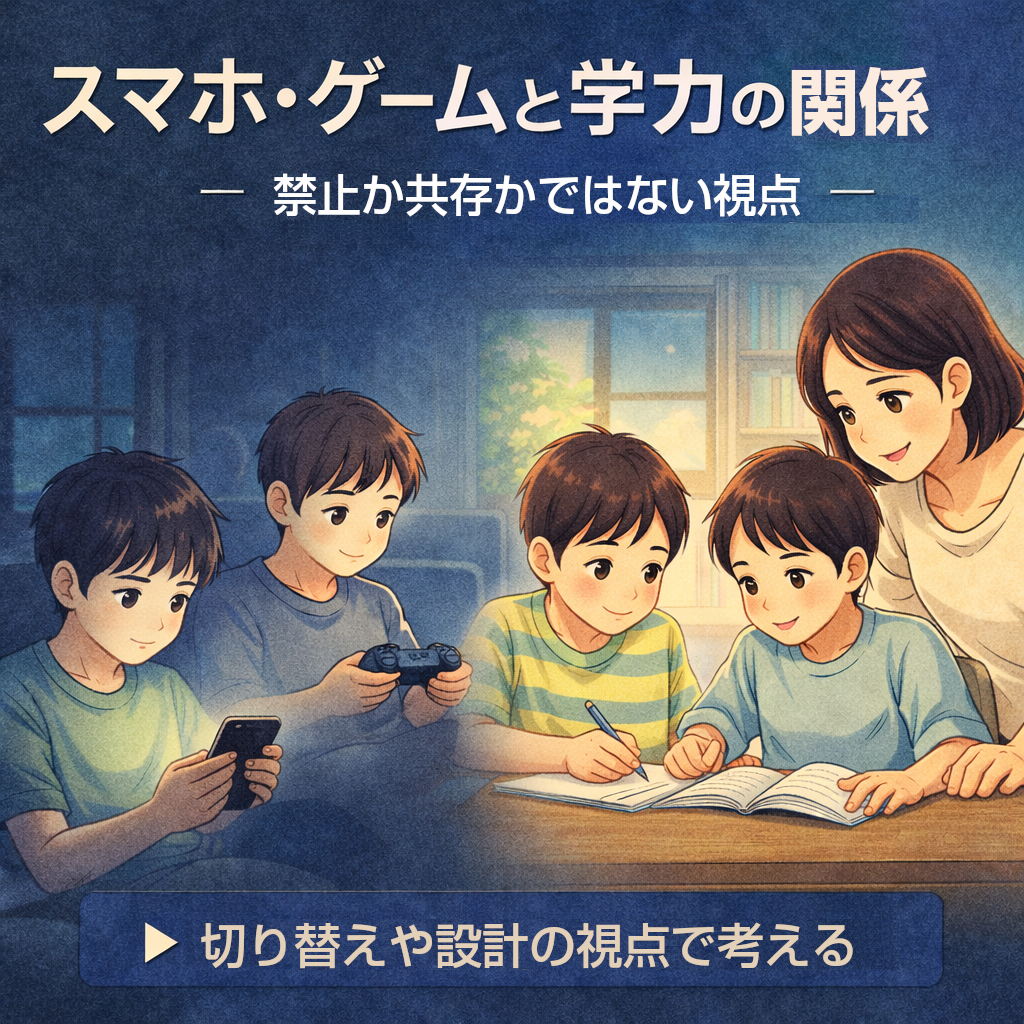 スマホやゲームと上手に向き合い、学習と切り替えながら机に向かう子どもの様子を描いた教育コラム最終回のイメージイラスト