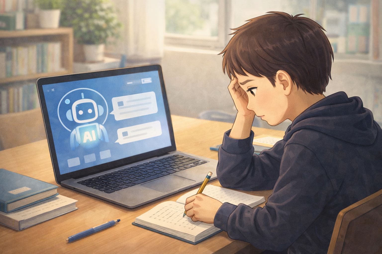 ノートに書きながらAIの画面を見て考える子どもの様子