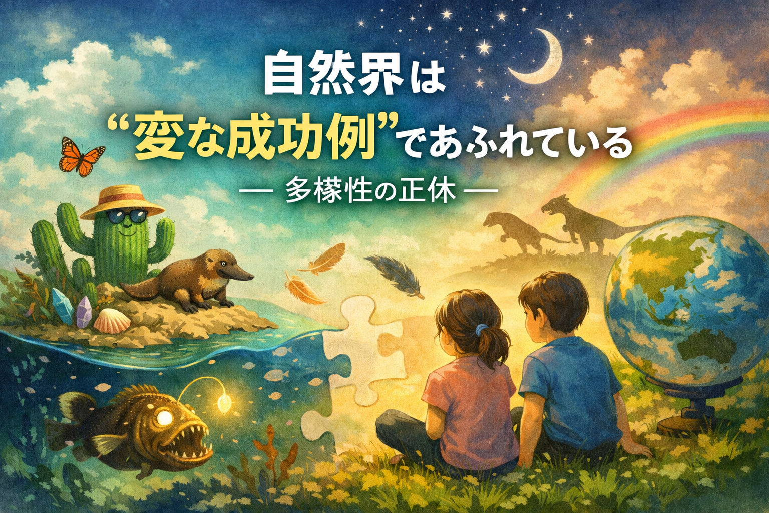 自然界の多様な生き物と子どもたちを描いた、多様性を表すイラスト